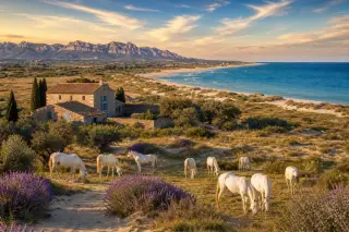 Coastal landscape near Saintes-Maries-de-la-Mer with lavender fields, dunes, white horses, olive trees, and a traditional farmhouse under a Provençal sky at sunset.