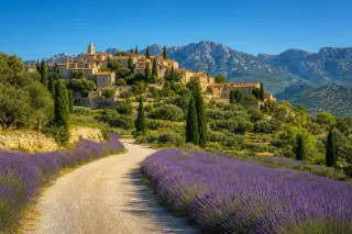 Provençal lavender fields and winding road leading to a perched village with stone houses and cypress trees under a clear blue sky.
