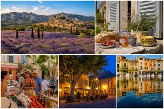 Five original prompts for a feature photo on a Provence tourism blog: lavender field with distant village and mountains; close-up of Provençal breakfast on rustic table; bustling village market scene; golden hour in a tranquil town square; colorful villag
