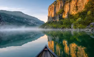Panoramic lavender fields over Verdon Gorge with a perched village, close-up of Provençal food on a rustic terrace, lively local market in a stone village, golden hour cliffs beside emerald river, tranquil Verdon cliffs reflected in still water from a can