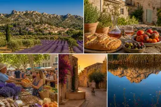 Scene options: panoramic Alpilles landscape with lavender and a hilltop village; close-up of Provençal food on rustic table; lively village market in Provence; golden-hour street in perched Alpilles village; minimalistic water reflection of Alkilles mount