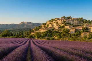 Lavender fields leading to a hilltop village with terracotta roofs and cypress trees under a deep blue sky in Provence.
