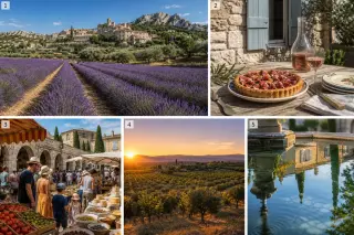 High-definition, photorealistic Provence landscape with lavender fields, perched village, olive trees, and authentic Mediterranean light