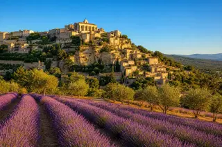 Gordes perched on a hilltop at sunset with lavender fields, olive groves, and stone houses under a clear blue sky.