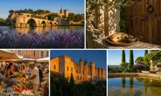 High-definition photorealistic views of Avignon's landmarks, Provençal landscapes with lavender and olive trees, detailed historic architecture, local market scenes with people, golden Mediterranean light, and a creative fountain reflection with southern