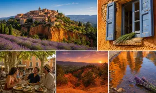 Provencal landscape with ochre cliffs, lavender fields, perched village, close-up of ochre wall with rosemary, lively village café scene, panoramic ochre trail at sunset, and minimalist water reflection of ochre and lavender.